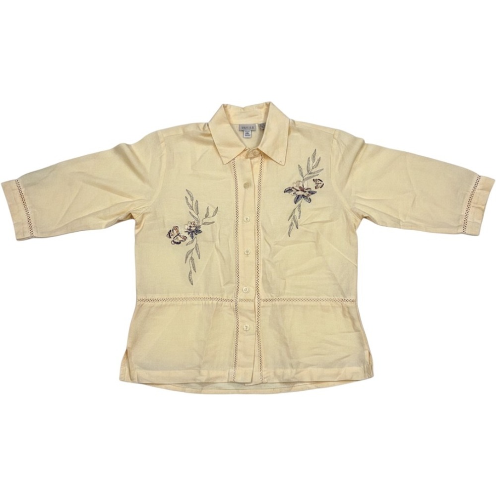Koret Petites Yellow Embroidered Button Front Blouse Size 6 Floral Butterfly
